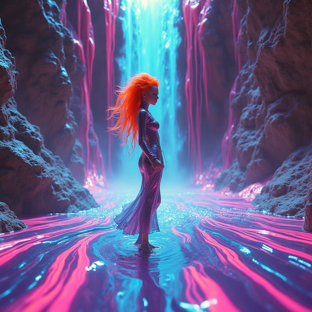 Futuristic Maiden Amidst Iridescent Waves