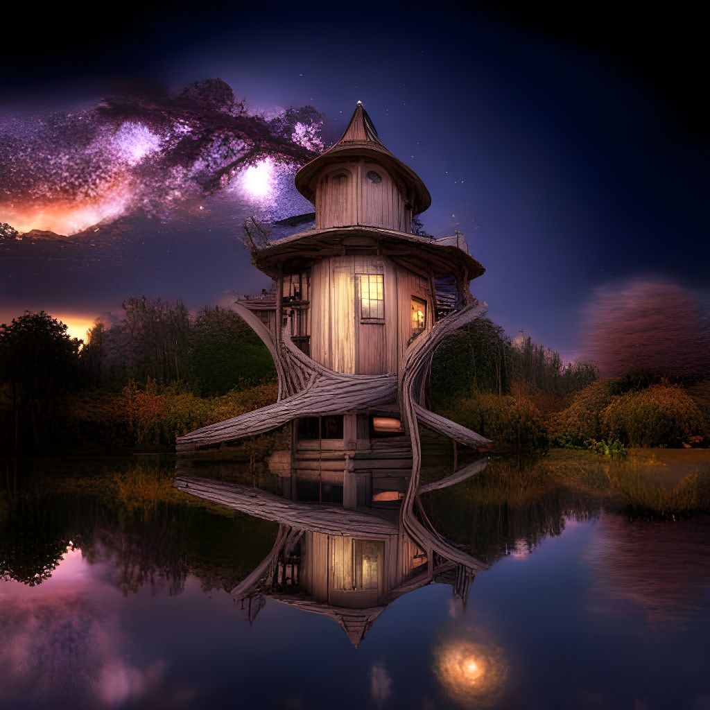 Enchanted Fairy Treehouse Reflecting Starry Universe