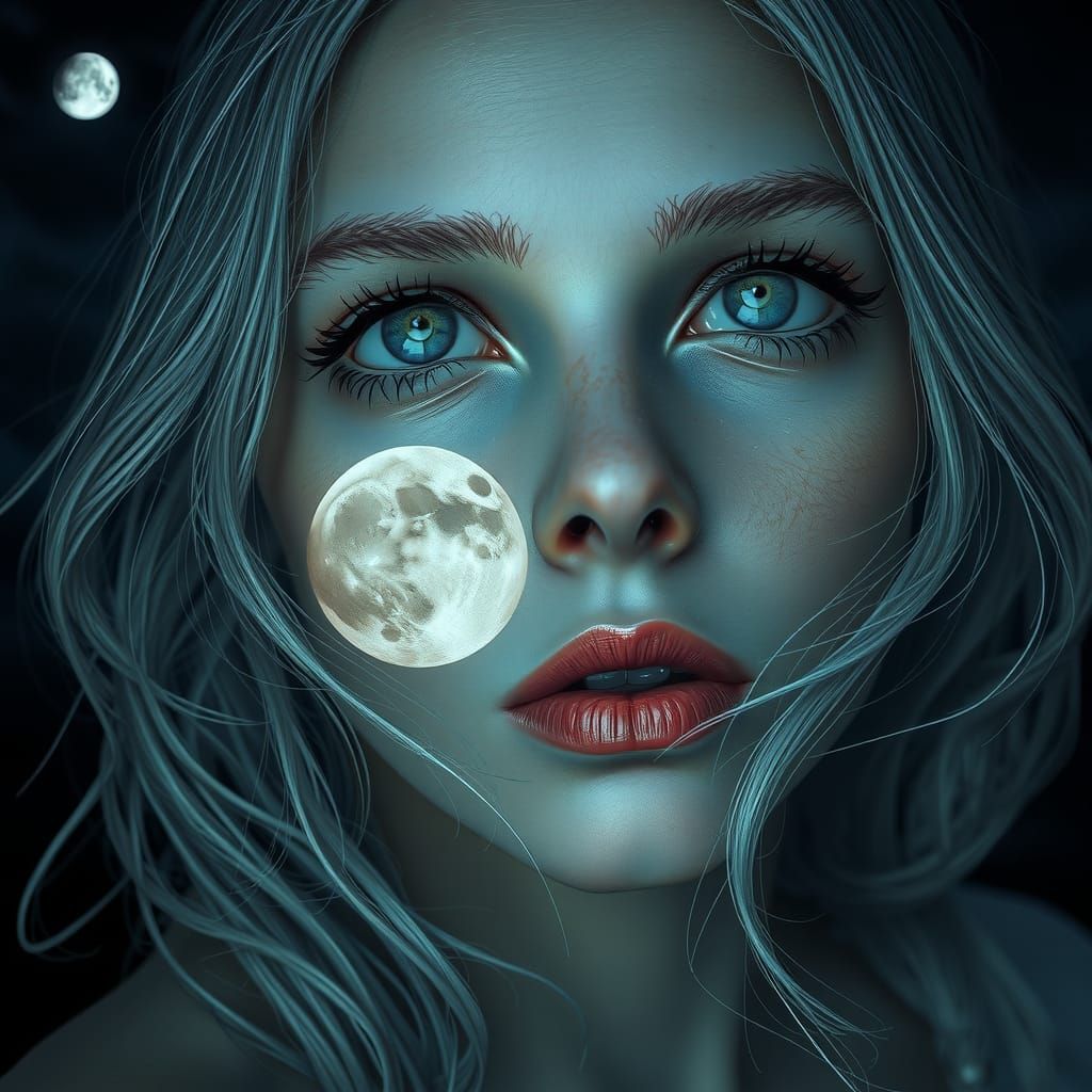 Ethereal Woman Gazing at Moon in Hyperrealistic Style