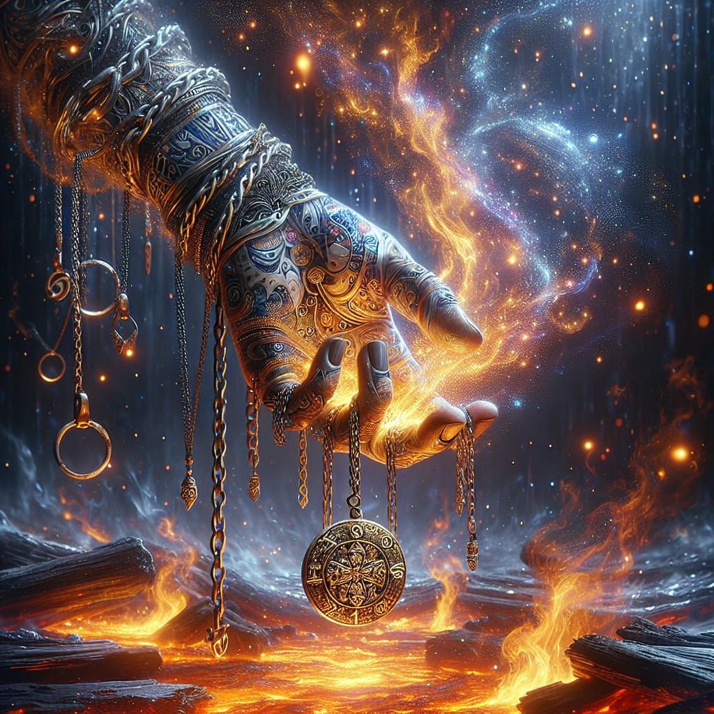 Hand Holding Runed Ring Above Fire, Hypermaximalist Illustra...