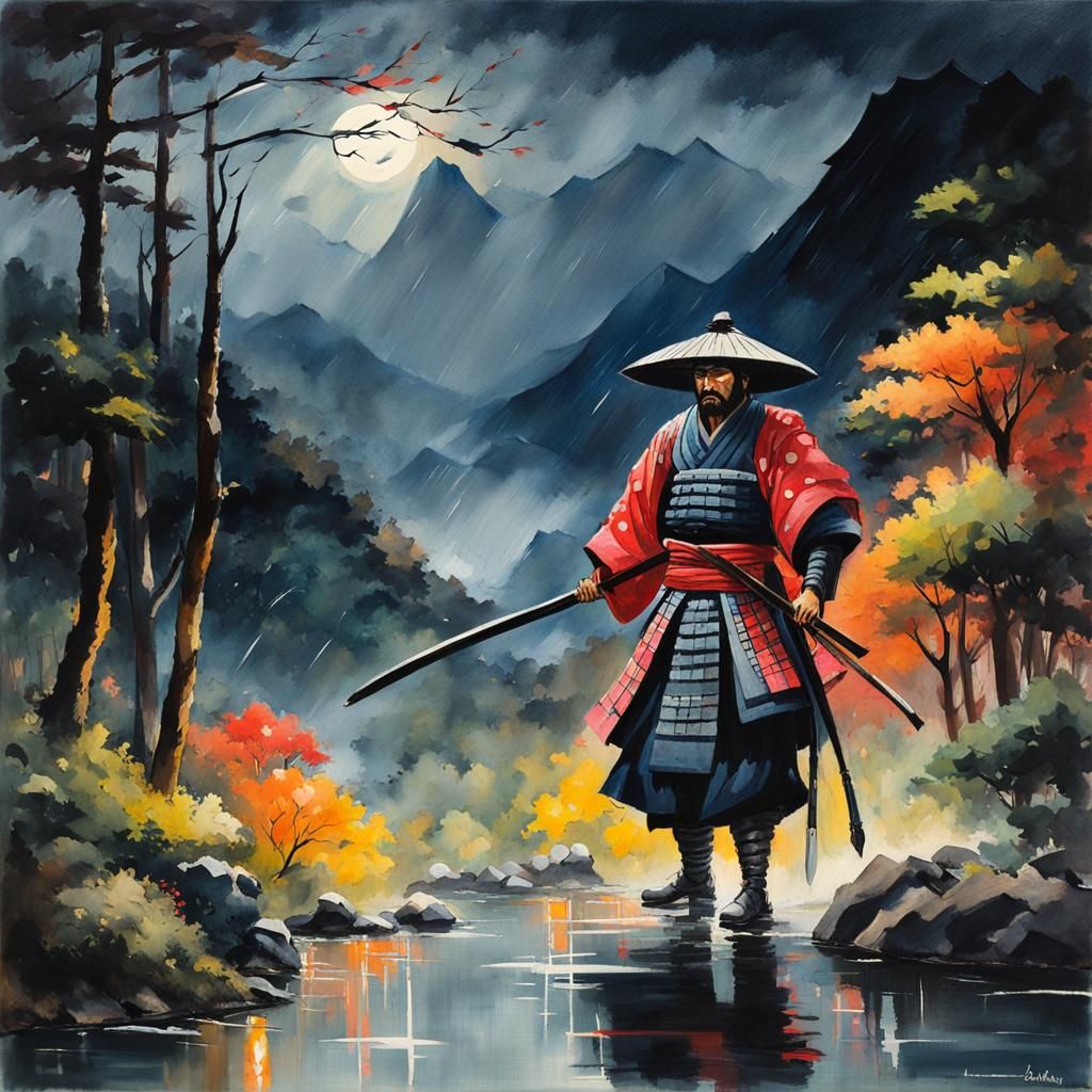 Lost Samurai in Rainy Japanese Landscape: Gouache Style