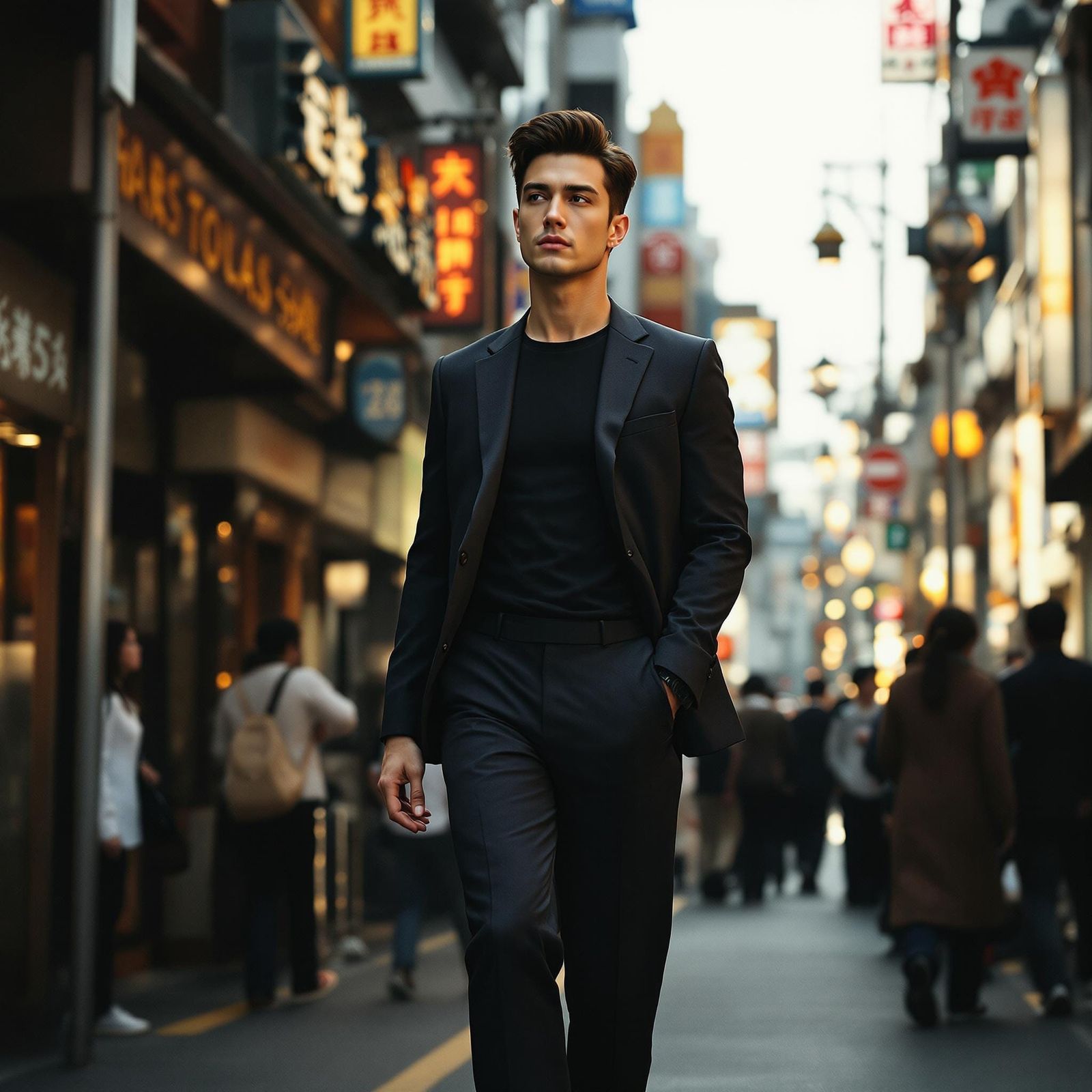 Stylish Man Walks Tokyo Street in Cinematic Style