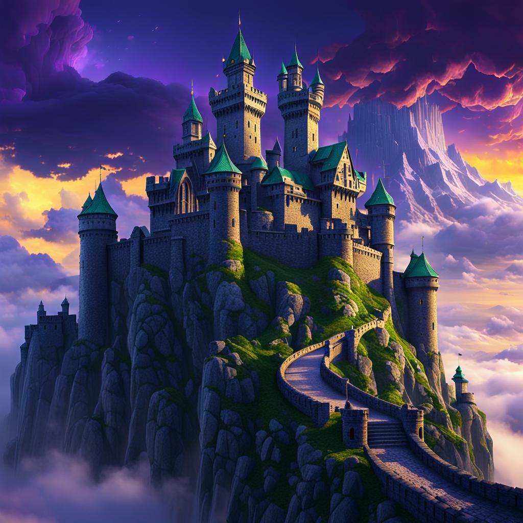 Emerald Castle Soars Through Clouds: Fantasy Art