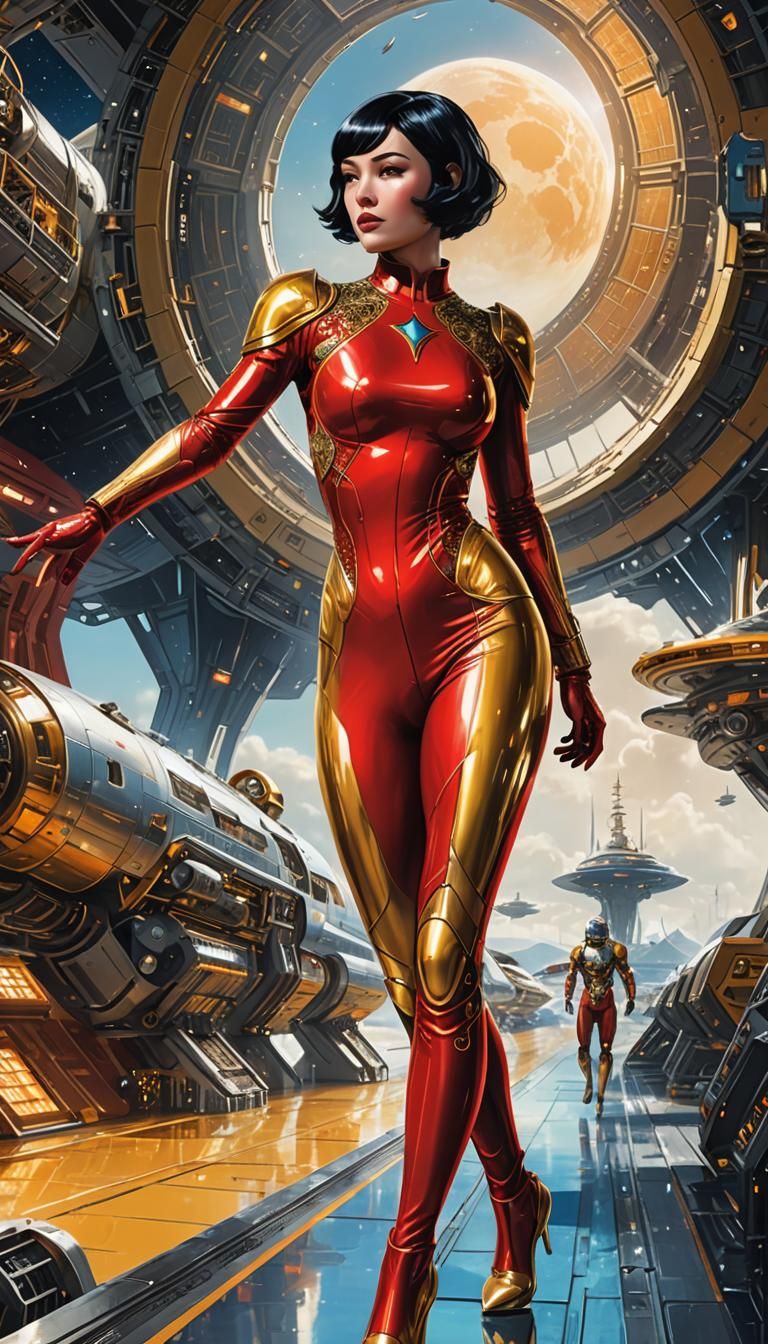 Intergalactic Spaceport Woman in Art Nouveau Style