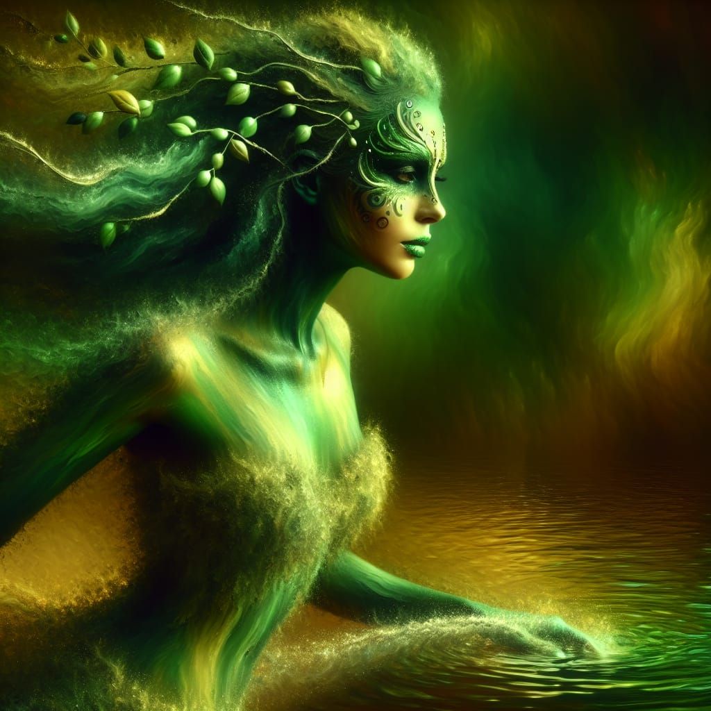 Ethereal Green Goddess Walks Across Golden Pond