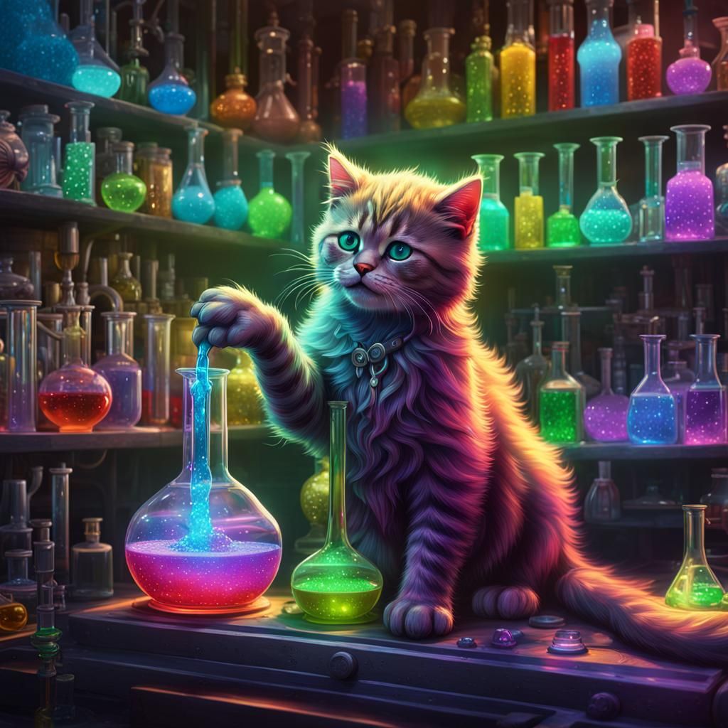 Kitten Scientist in Lab, Dark Fantasy Concept Art