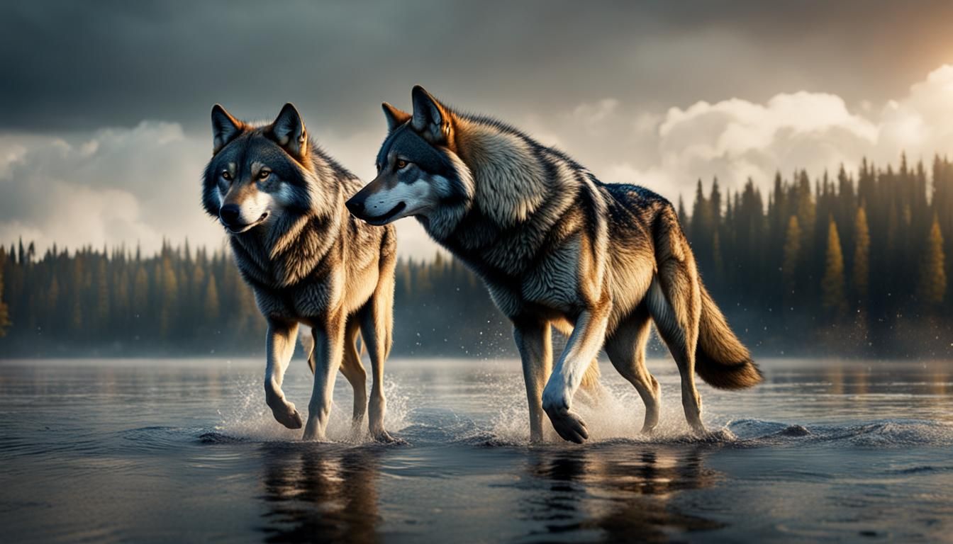 Wolves in Lake: Hyperrealistic Cinematic Photography