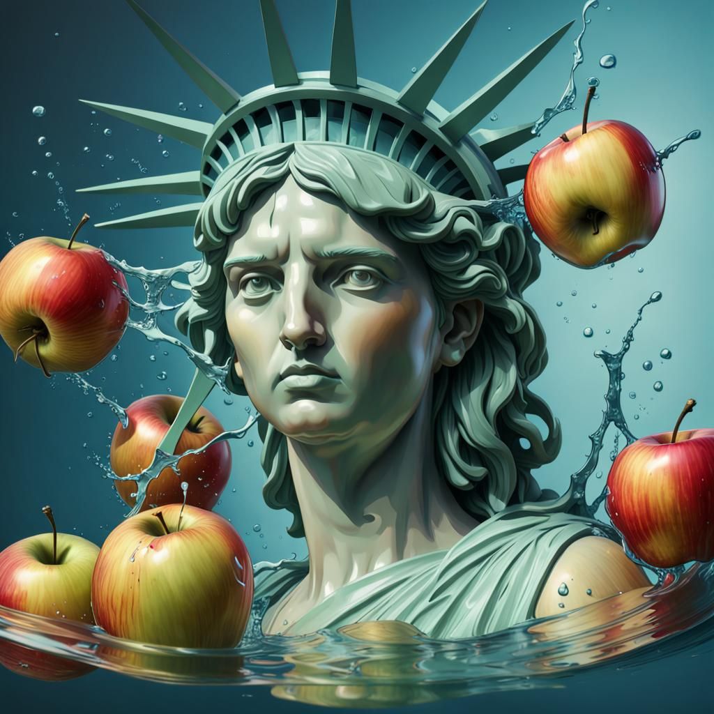 Statue of Liberty with Floating Apples in Splash Art