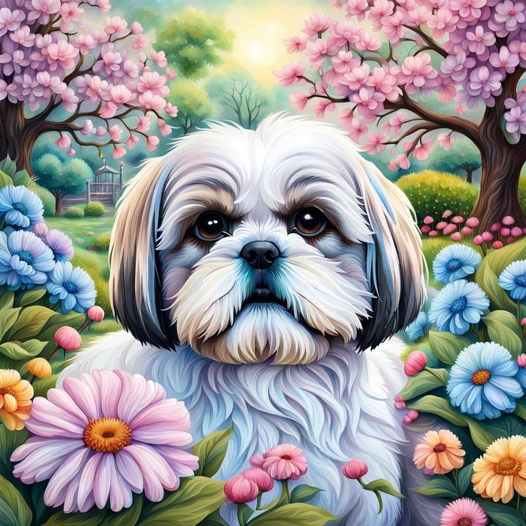 Anthropomorphic Shih Tzu in a Pastel Garden Painting