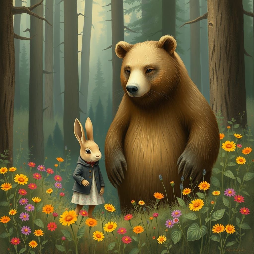 Rabbit and Bear Friends in a Serene Forest