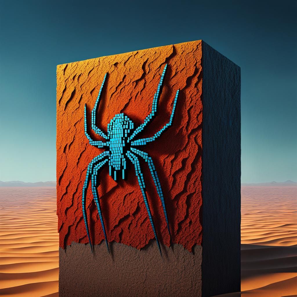Pixel Spider on Monolith in Sea Desert