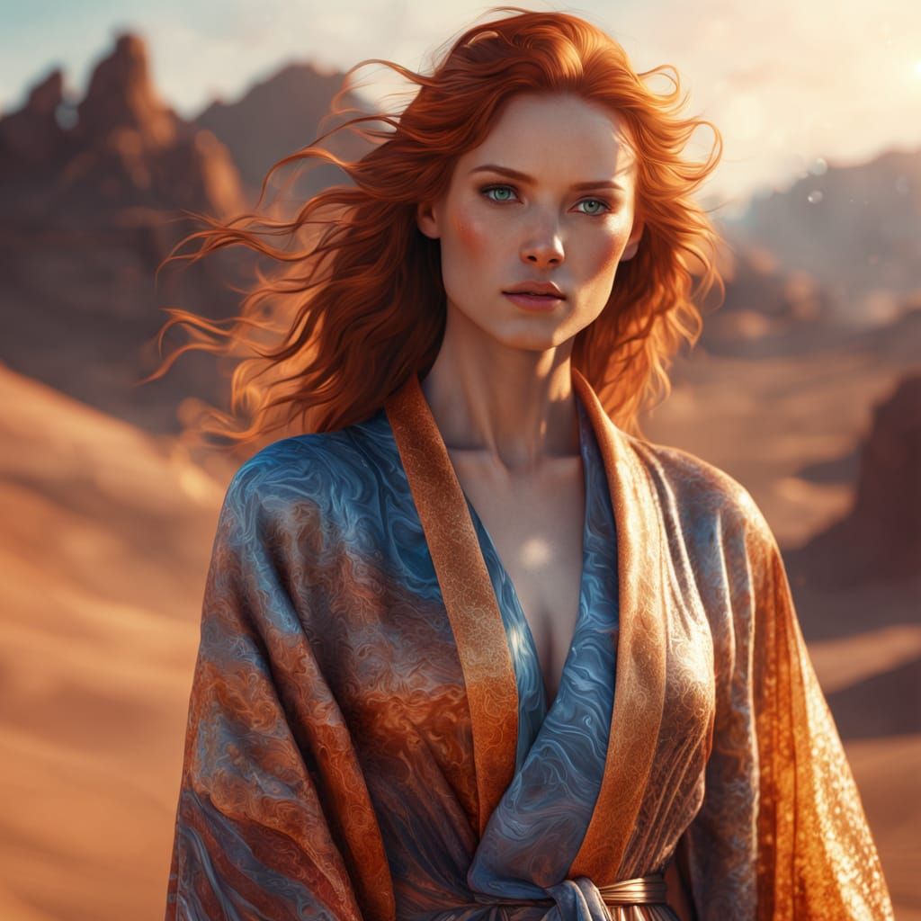 Vibrant Red-Haired Woman in Translucent Robe, Desert Landsca...