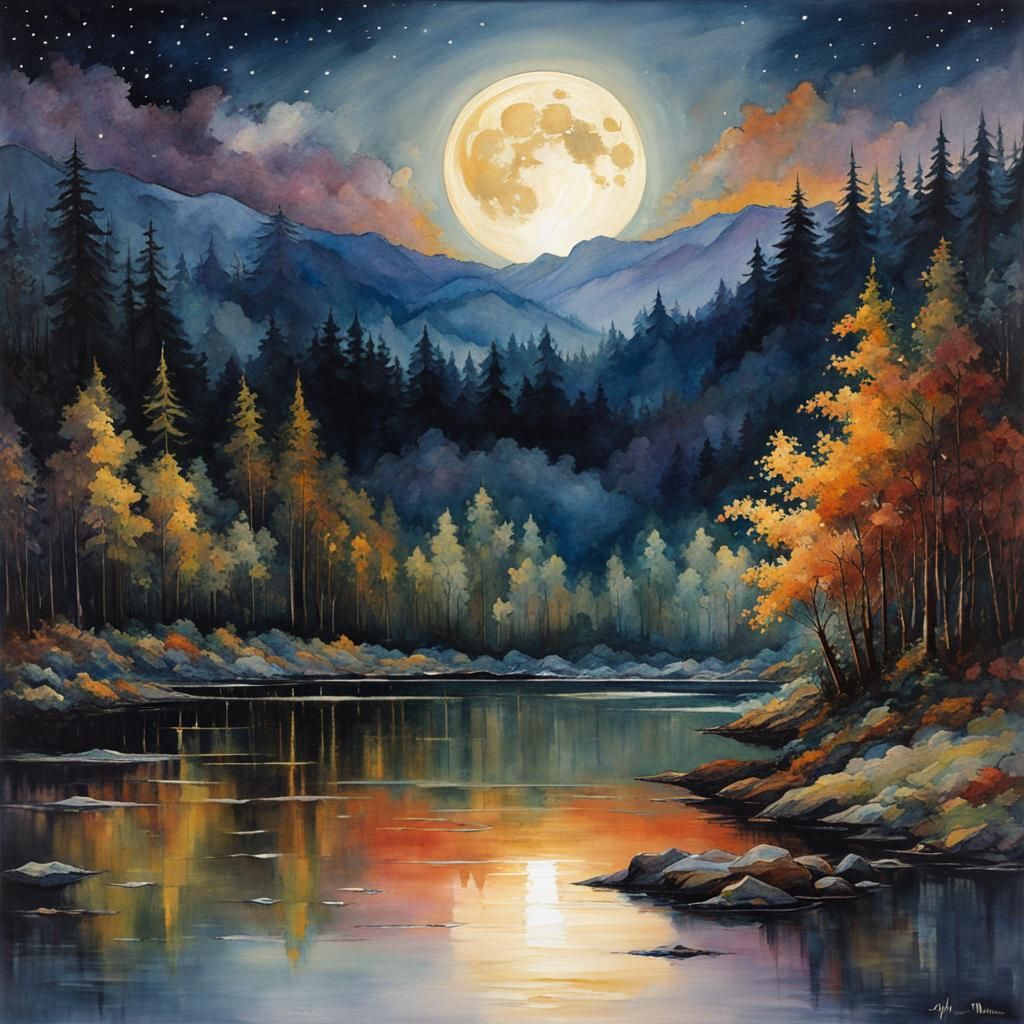 Moonlit Forest: Watercolor Painting in Sunrise Colors