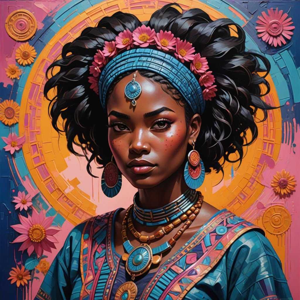 Mesoamerican Goddess in Cyberpunk Metropolis