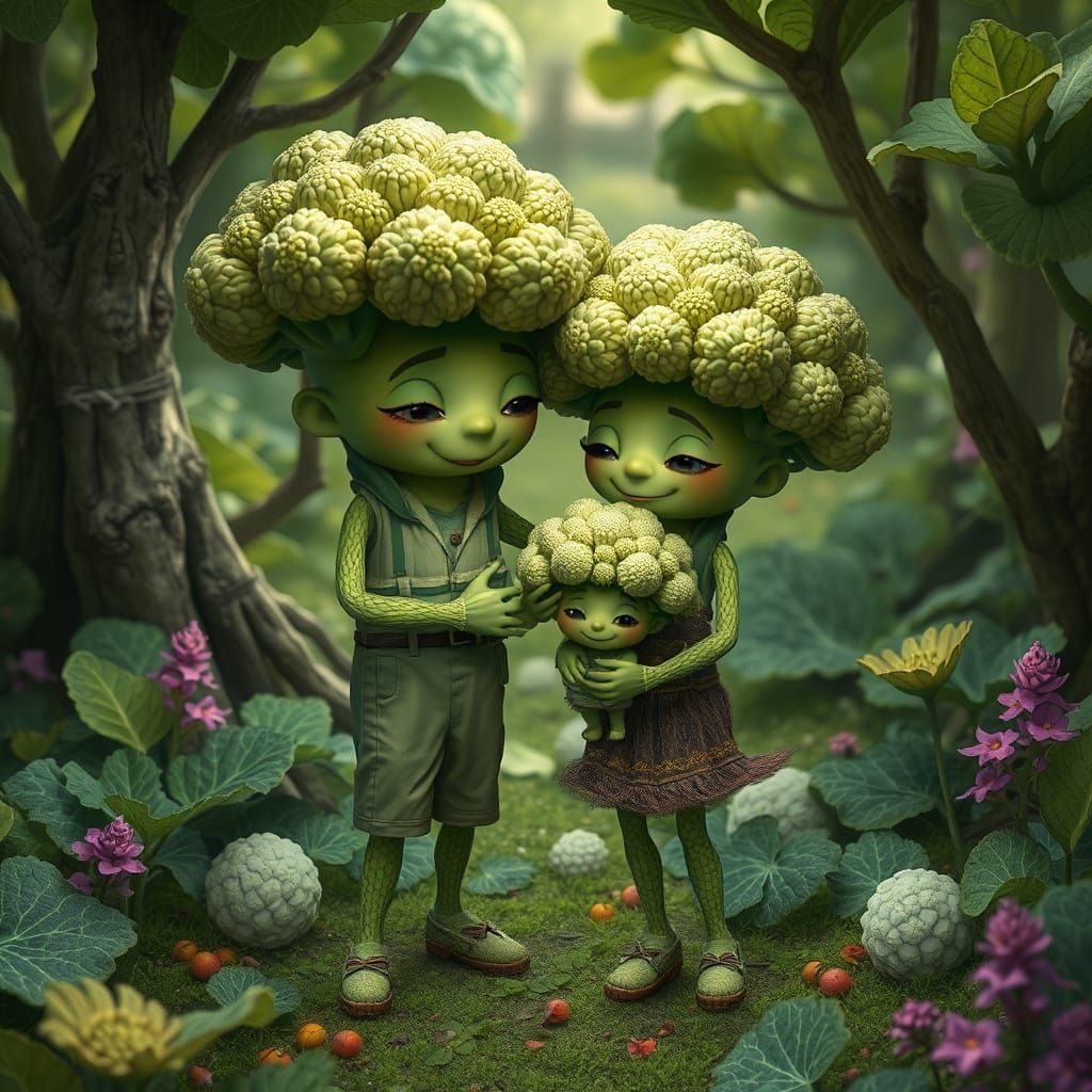 Humanoid Broccoli Family in Green Landscape