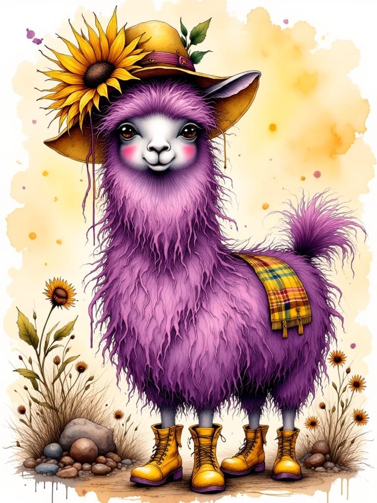 Purple Llama in Galoshes and Sunflower Hat with Ink Crosshat...