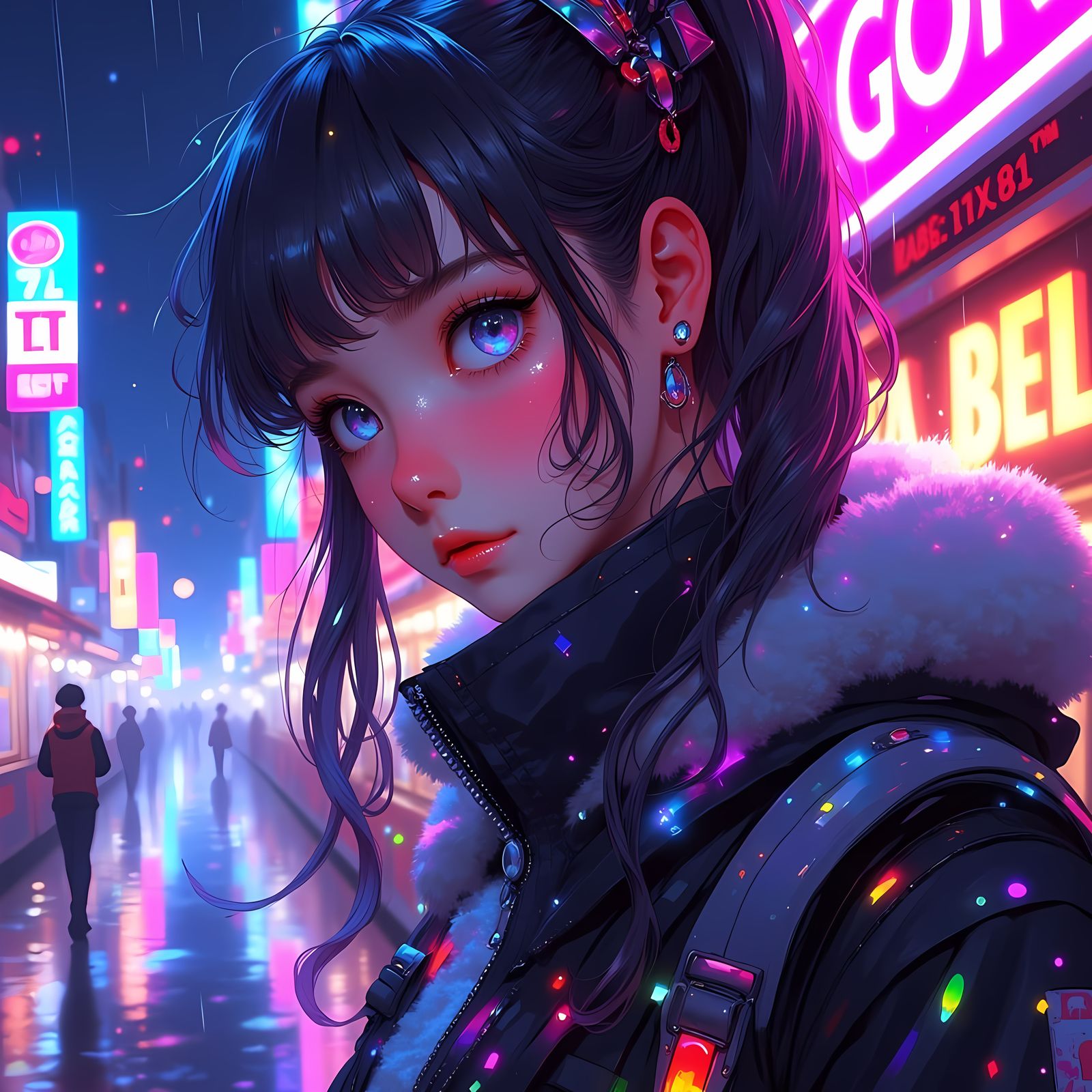 Cyberpunk Anime Girl in Neon Lit Night