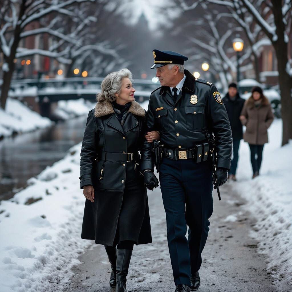 Elderly Policeman Kisses Woman in Snowy 1980s Park