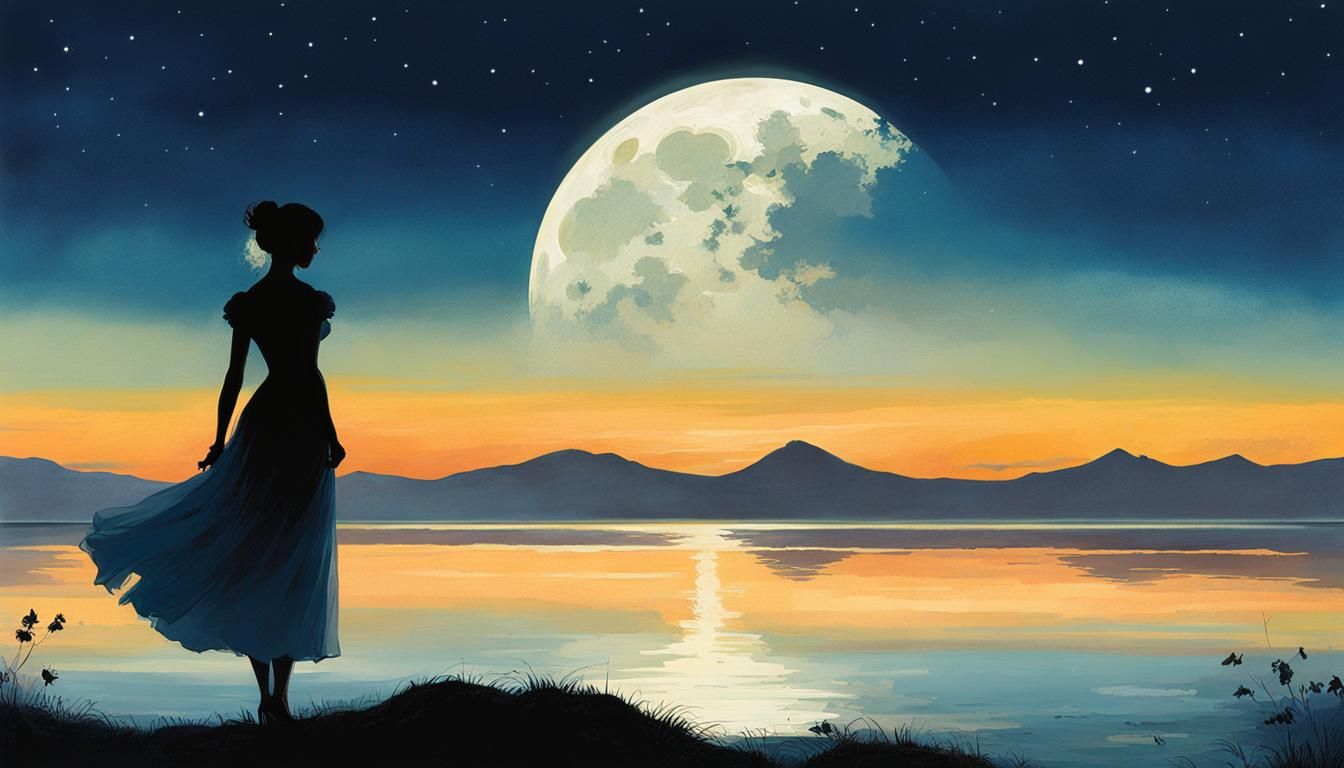 Dreamy Moonlit Seaside Double Exposure, Ghibli Style