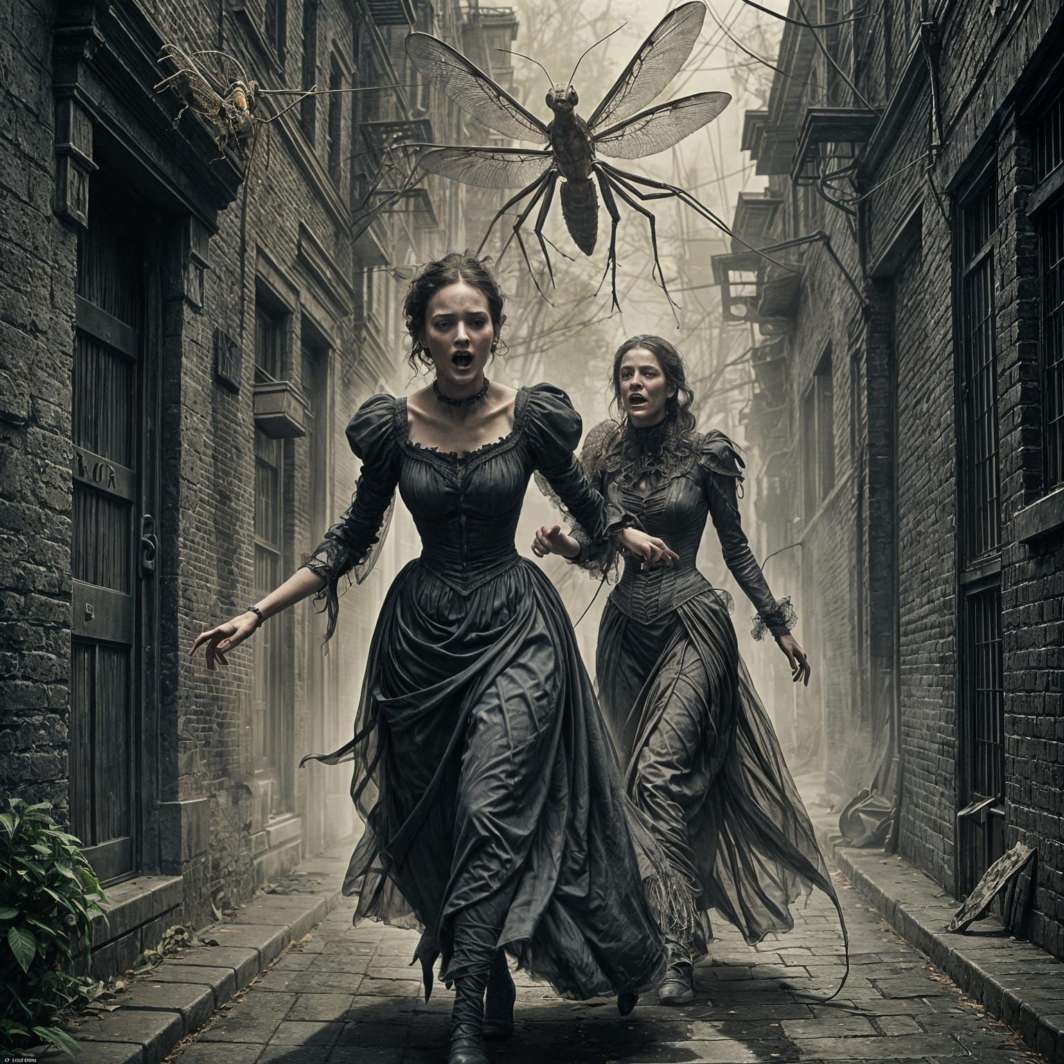 Victorian Lady's Flight from Praying Mantis Horror