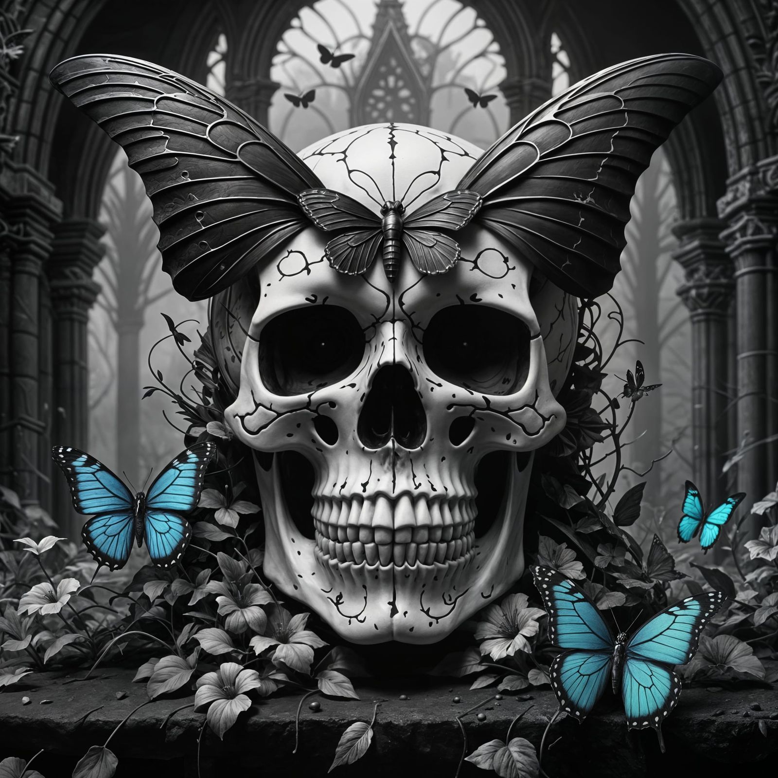 Gothic Skull Butterfly in Black and White
