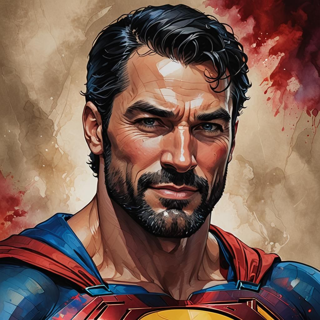 Alcohol Ink Portrait of Smiling Superman with Black Beard