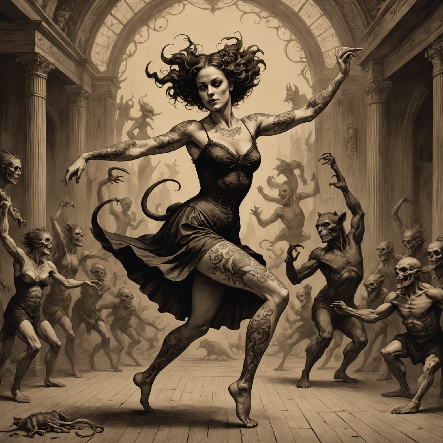 Sepia Contortionist Dancing with Animal as Vintage Photo