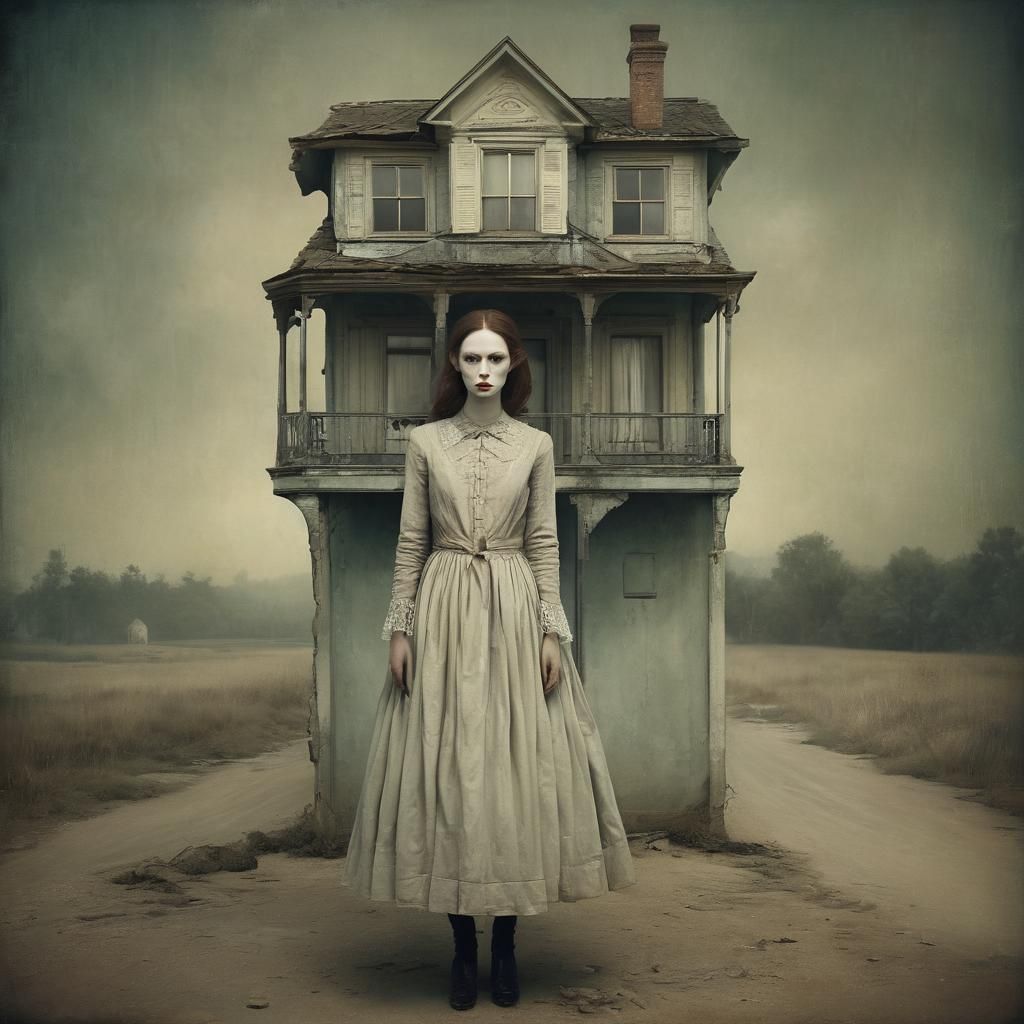 A Young Girl Destroys a Building in a Fantastical Scene