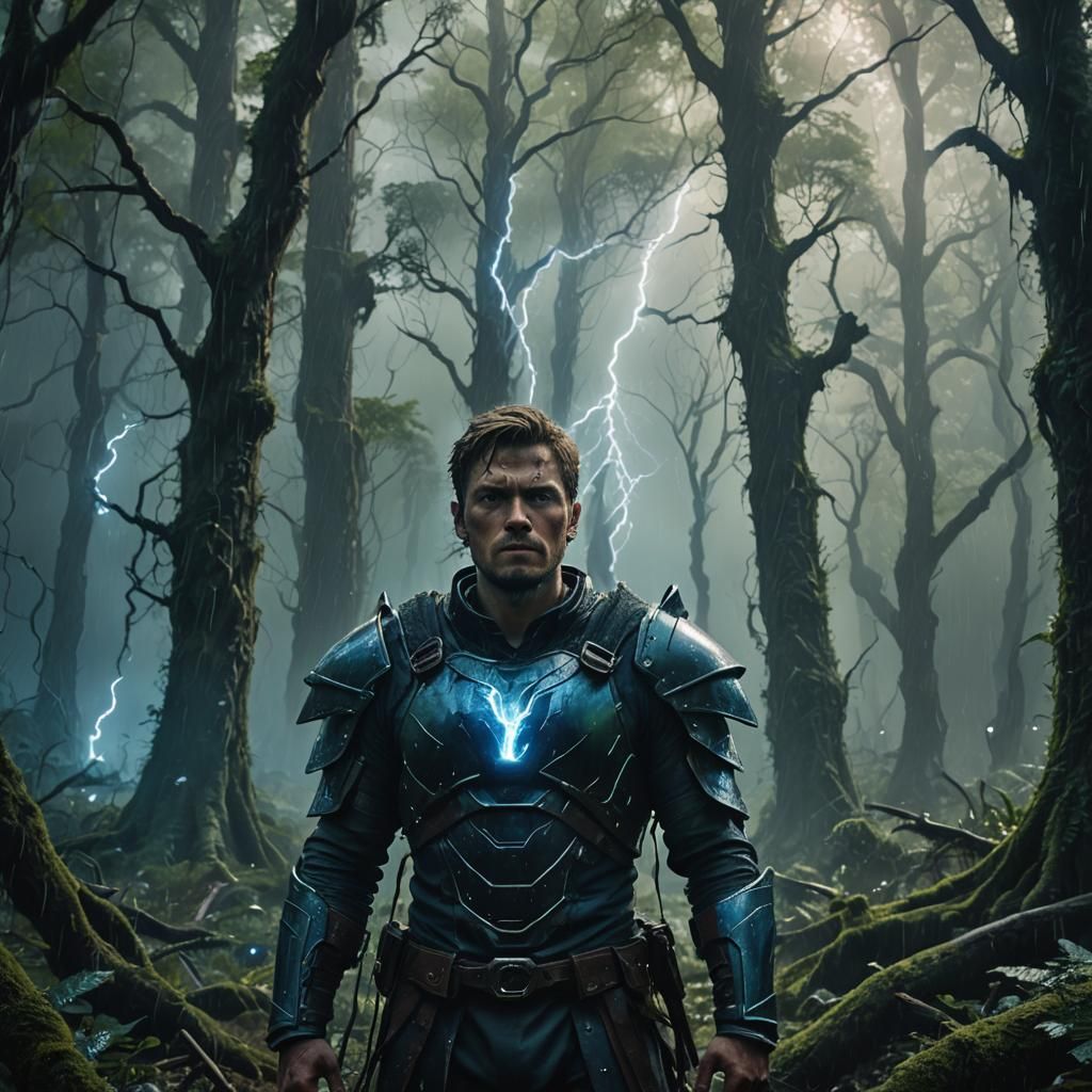 Mystical Forest Lightning Illuminates Armored Figure
