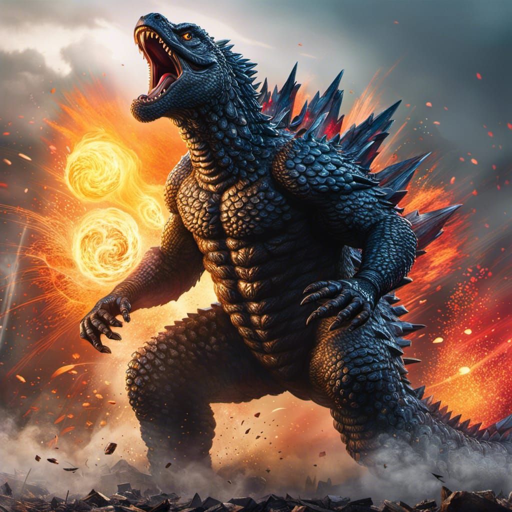 Godzilla's Hyperrealistic Rampage in a Splash Art Style