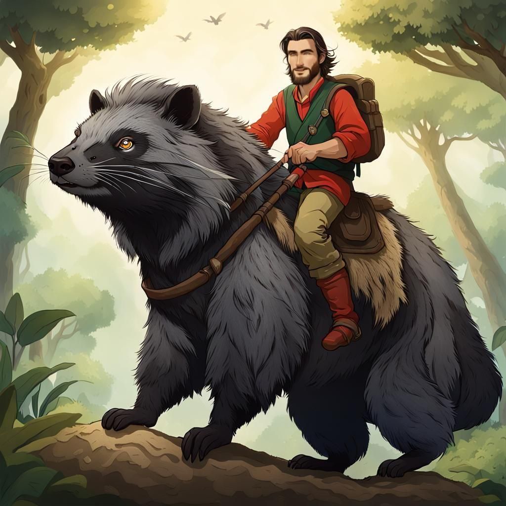 Adventurer Rides a Giant Binturong Companion