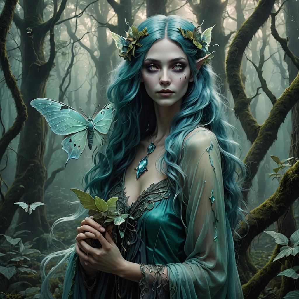Mystical Forest Woman with Luna Moth in Dark Fantasy Art