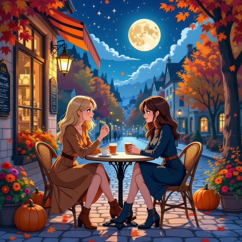 Lesbian Couple at Cafe in Comic Book Anime Style