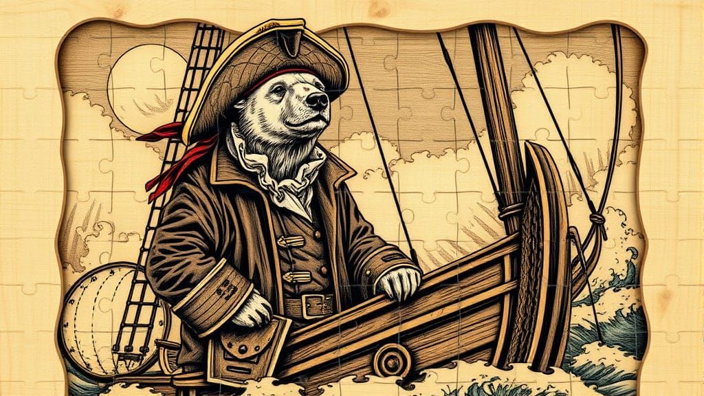 Polar Bear Pirate on Ship, Ornate Woodcutting Style