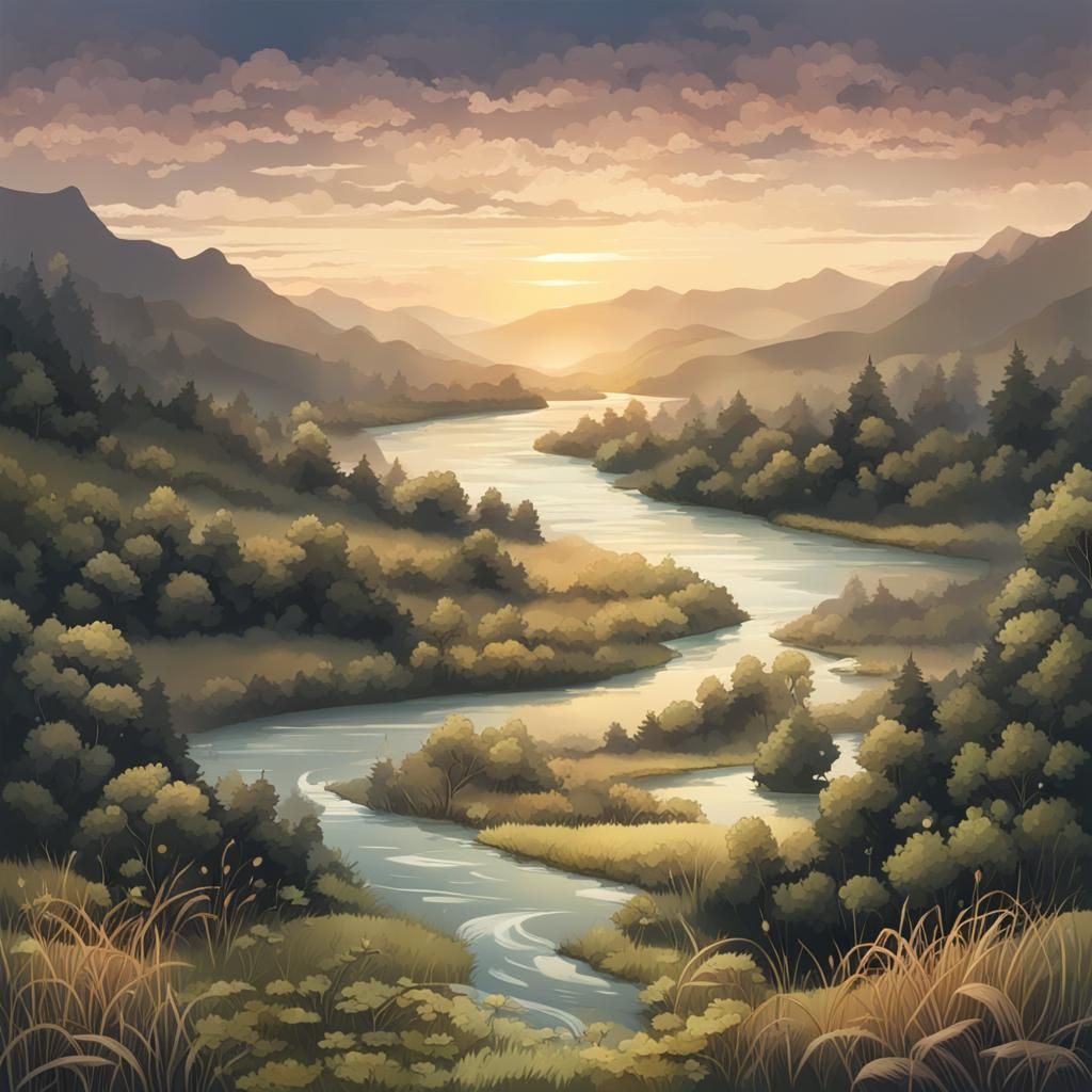 Ornate River Landscape with Delicate Border