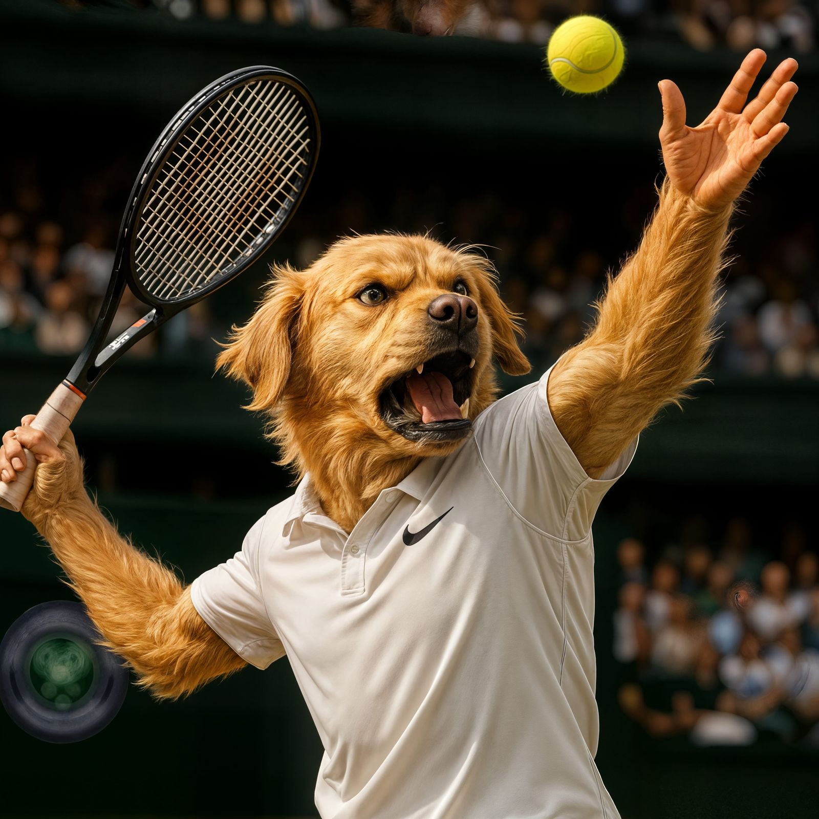 Golden Retriever Tennis Star at Wimbledon: CGI Action Shot