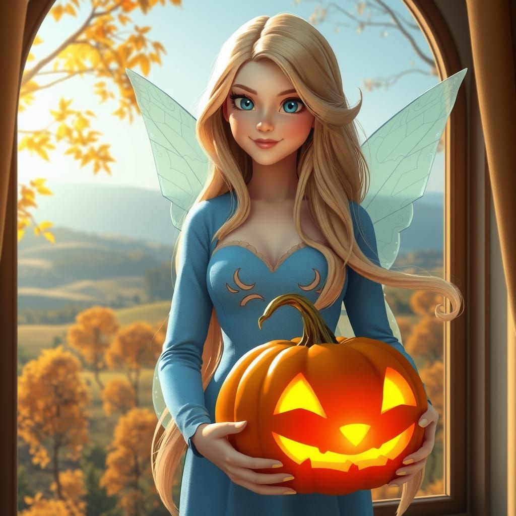 Blue Fairy Holding Halloween Pumpkin in Autumn Landscape