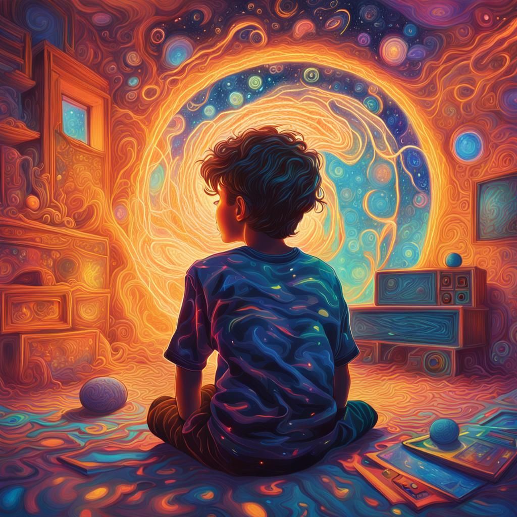 Boy in Collapsing Room: Mixed Media Cosmic Illustration