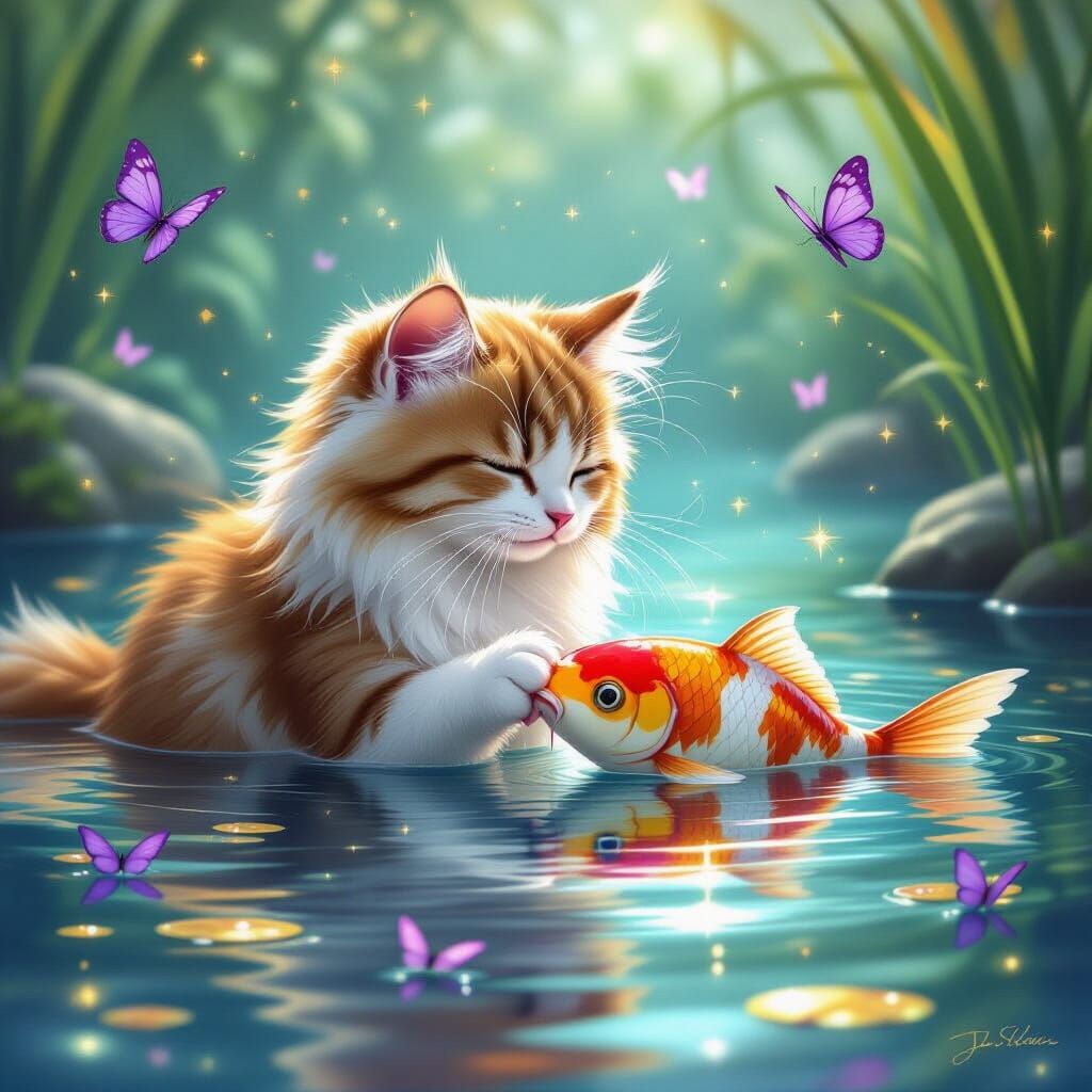 Cat and Koi Fish in Magical Pond with Butterflies
