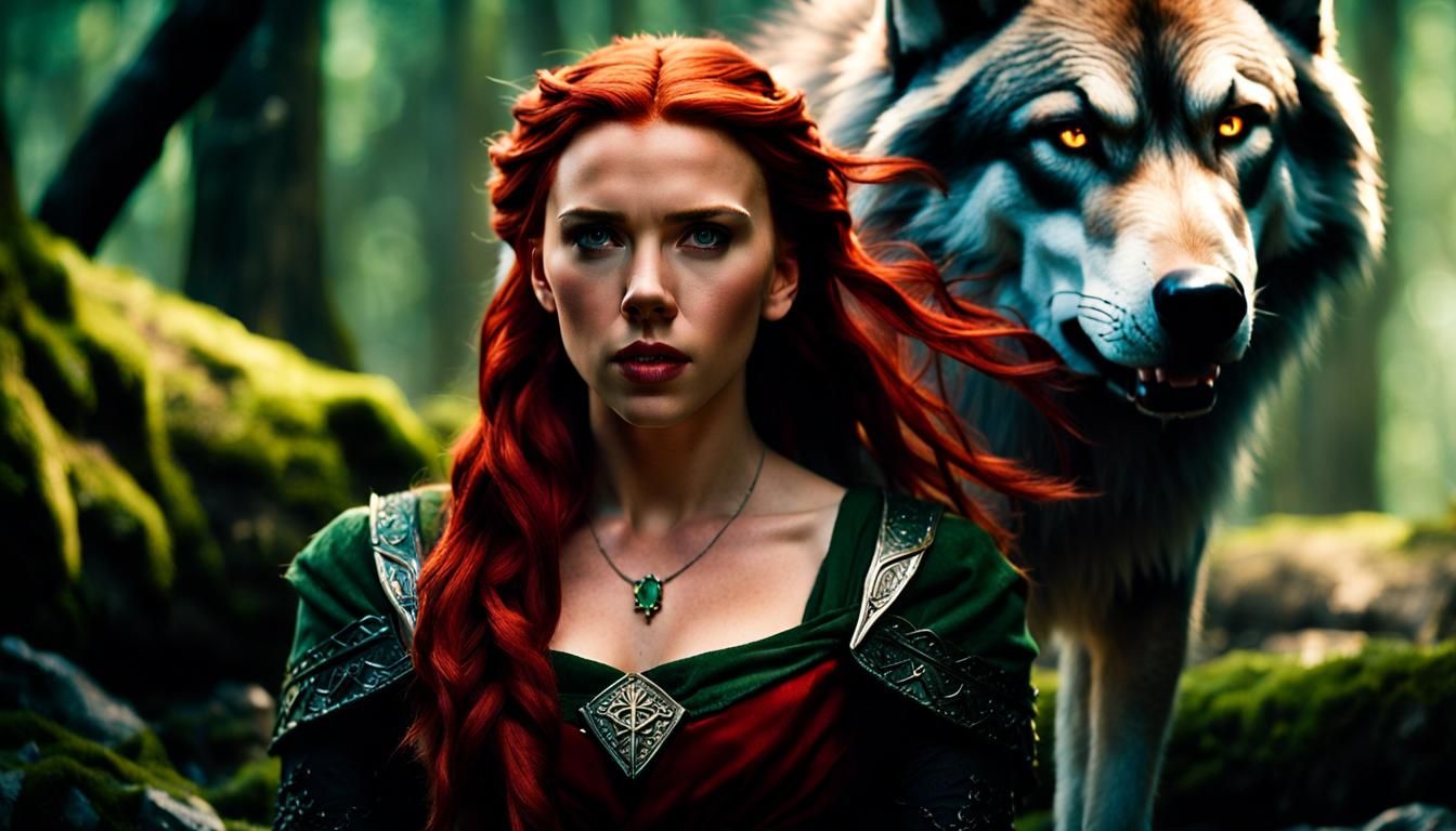 Beautiful Scarlett Johansson is an elf warrior standing in front of a large wolf