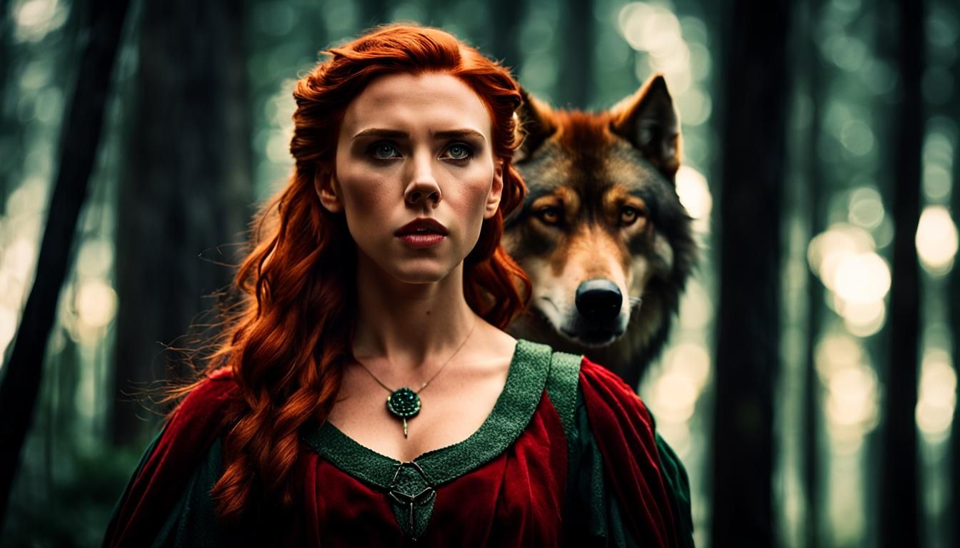 Beautiful Scarlett Johansson is an elf warrior  standing in front of a large wolf