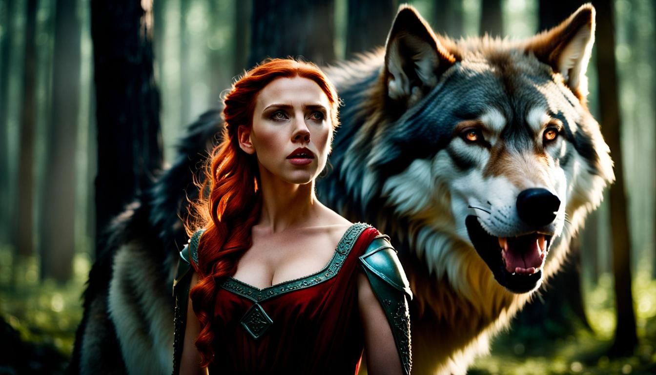 Scarlett Johansson is an elf warrior  standing in front of a large wolf