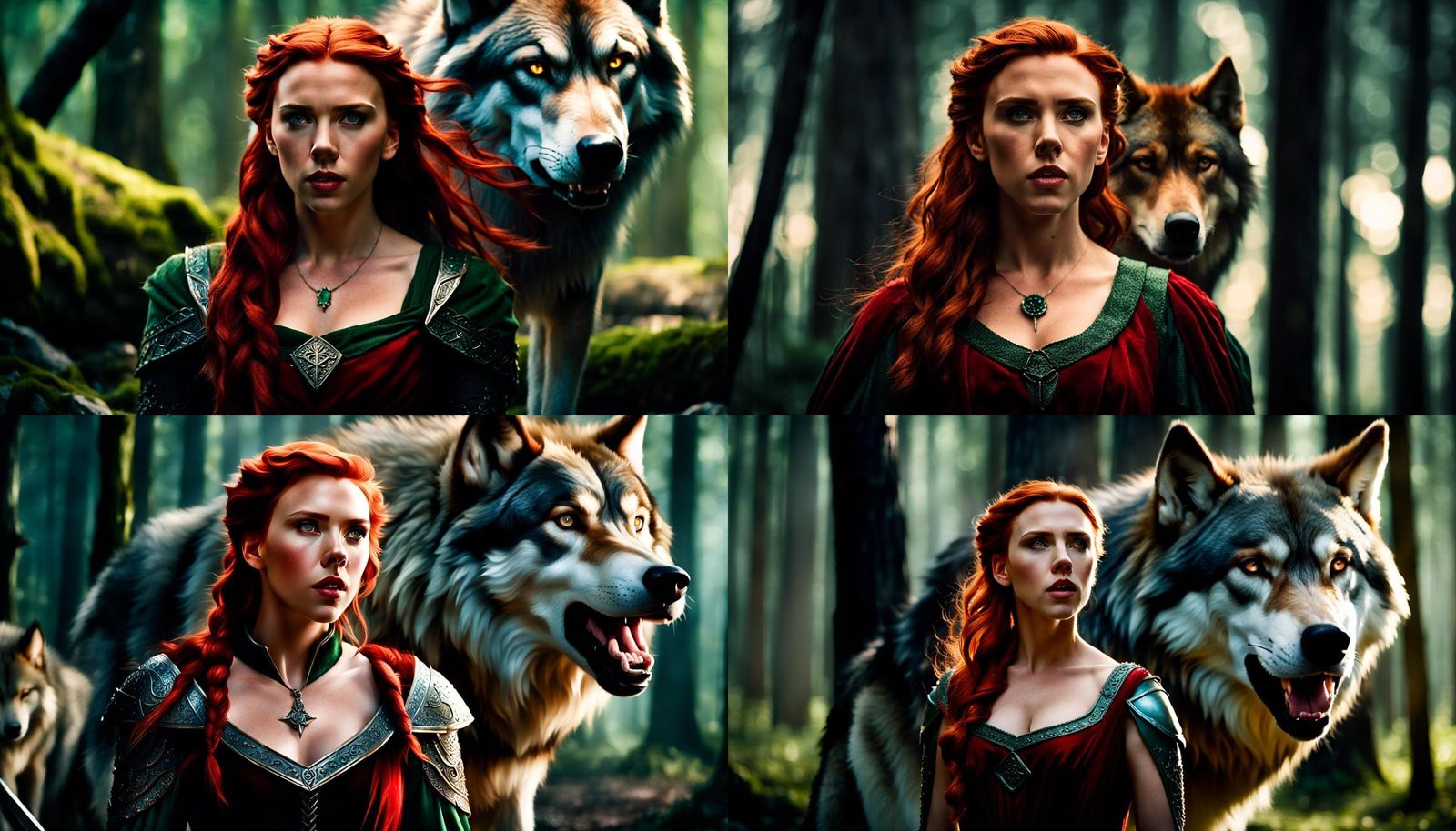 Beautiful Scarlett Johansson is an elf warrior  standing in front of a large wolf