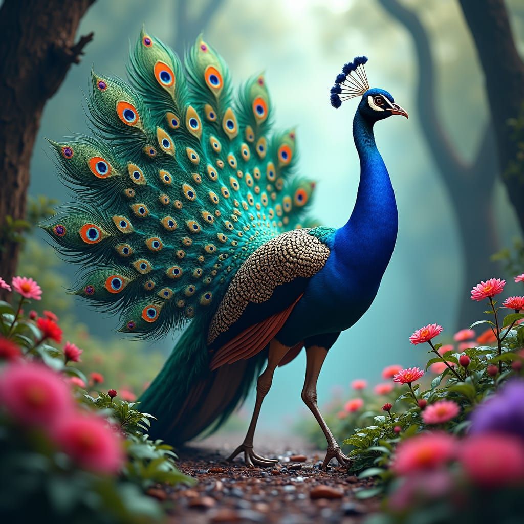 Majestic Peacock in Mystical Forest, Hyperdetailed Matte Pai...