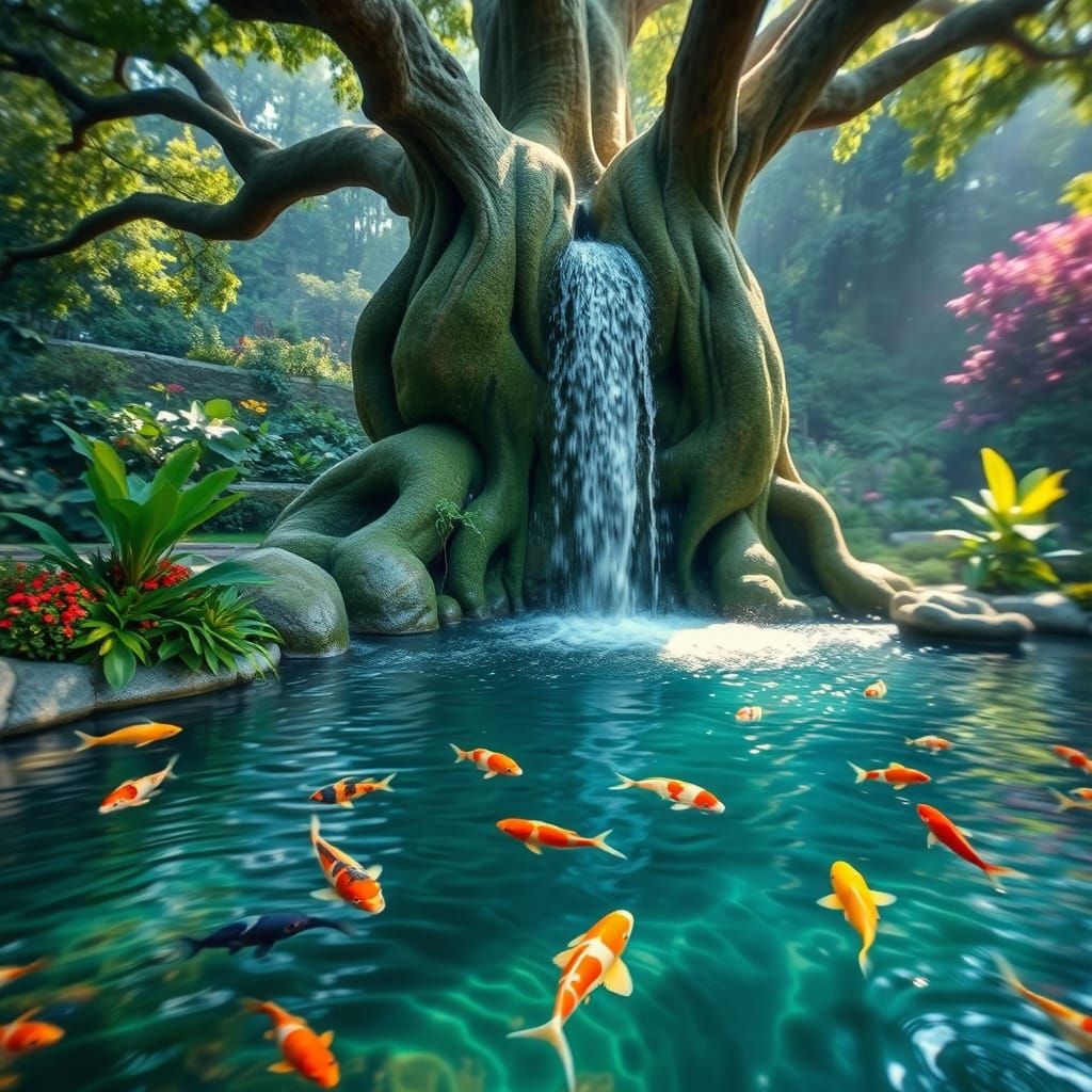 Serenic Paradise with Majestic Tree-Formed Waterfall