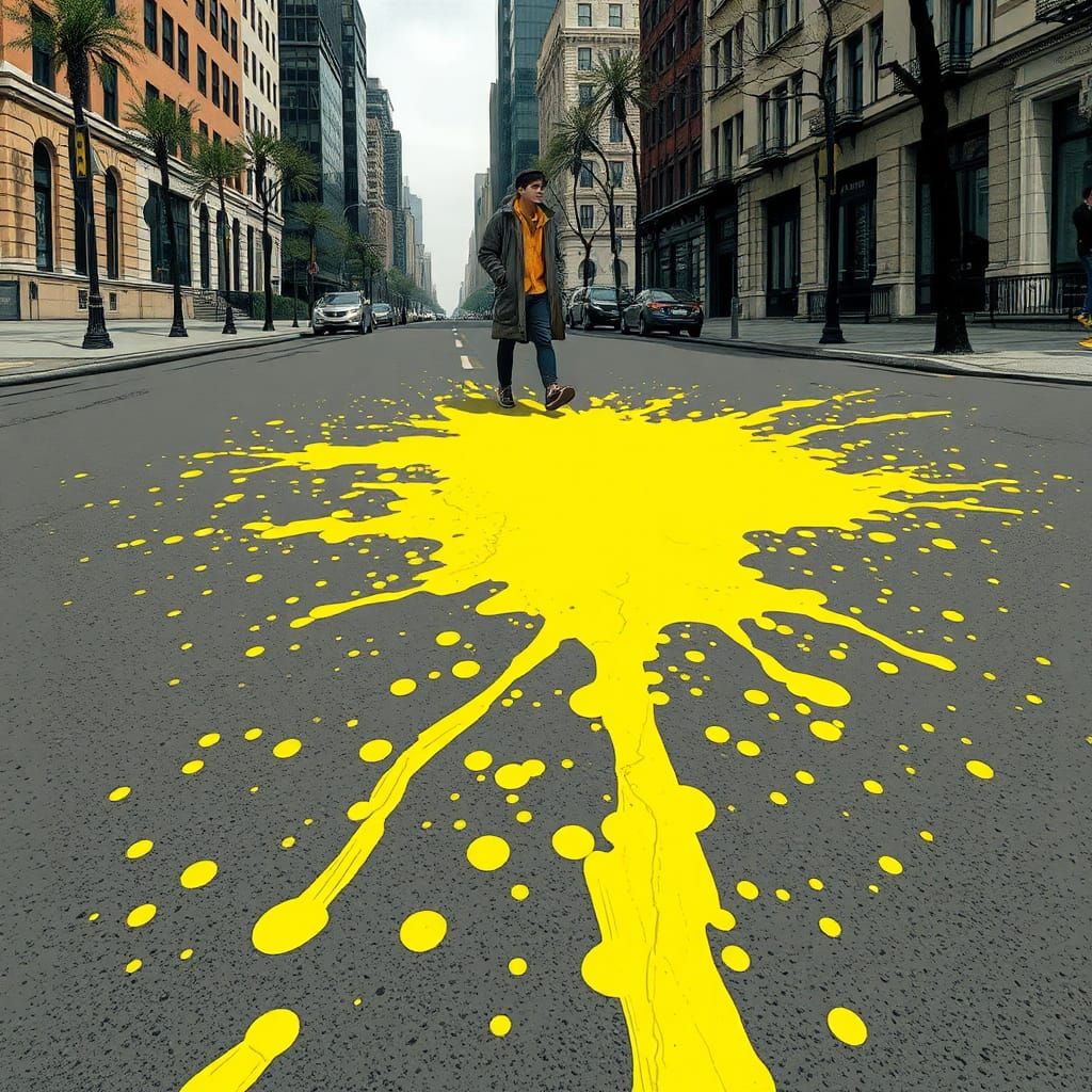 Yellow Mustard Splatter on Paved Road, Surreal Art
