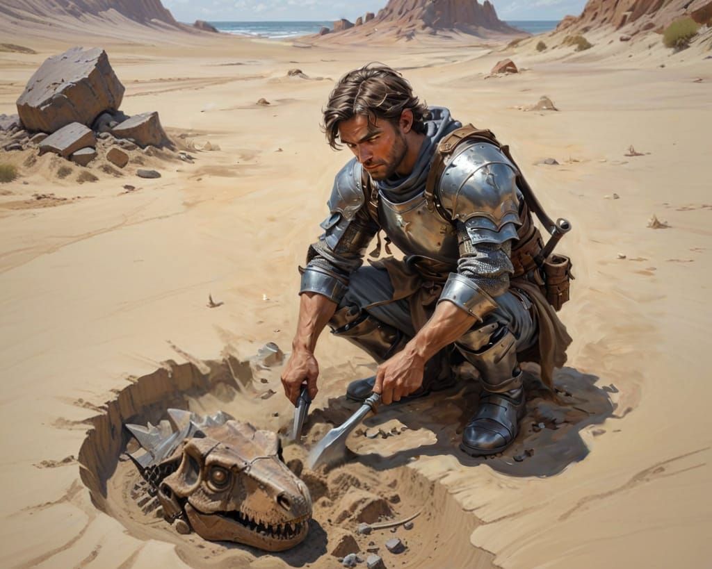 Medieval Adventurer Digging in Rocky Desert as Oil Painting
