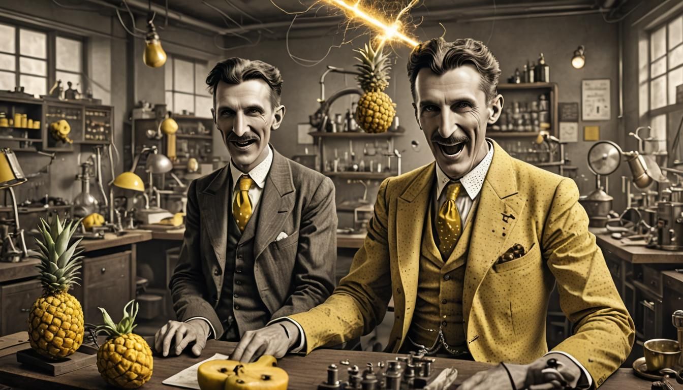 Photoillustration 8k resolution hdr Real photo of 1895 Nikola Tesla wearing a yellow polka dot bikini in his lab. Tesla ...