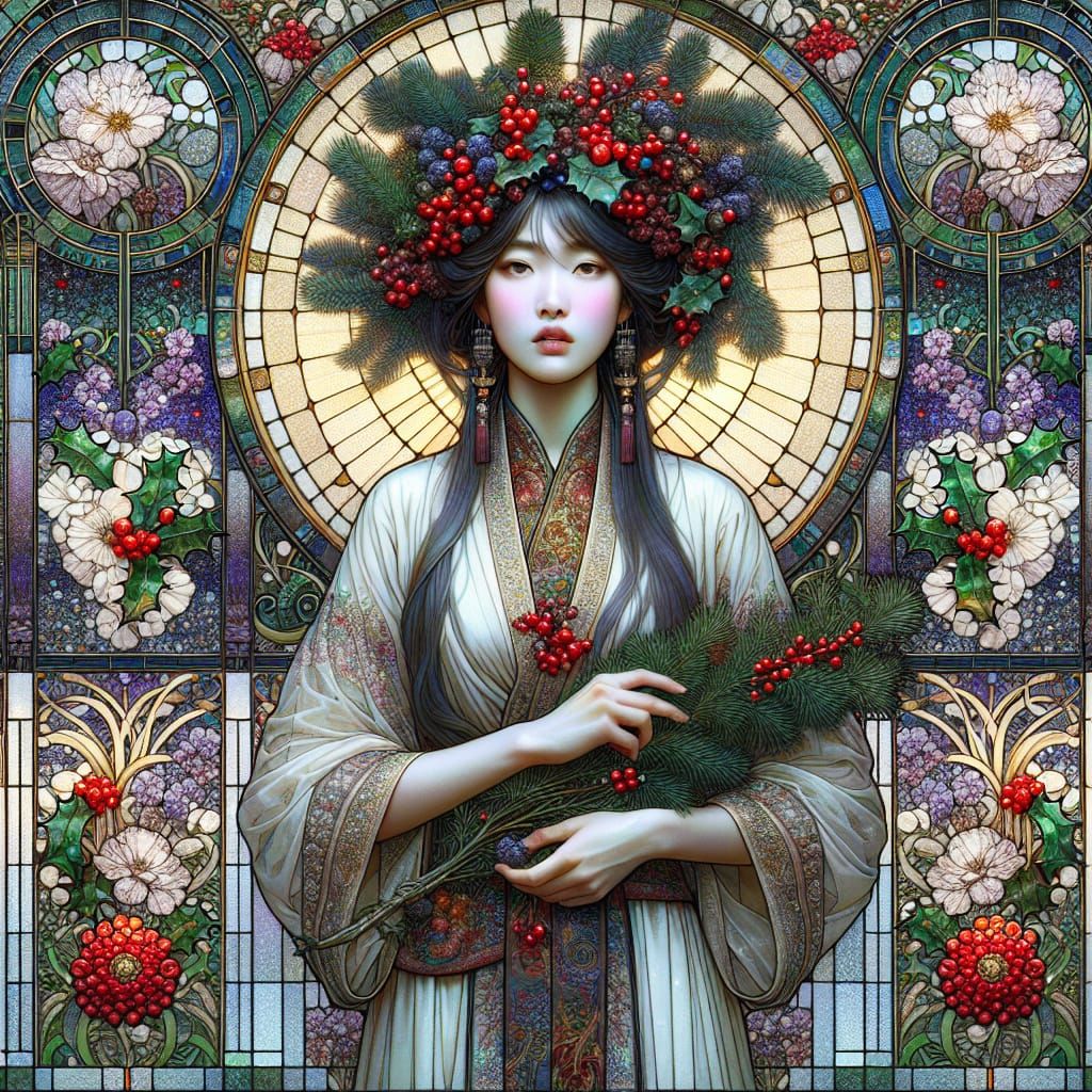 Asian Woman in Art Nouveau Winter Painting