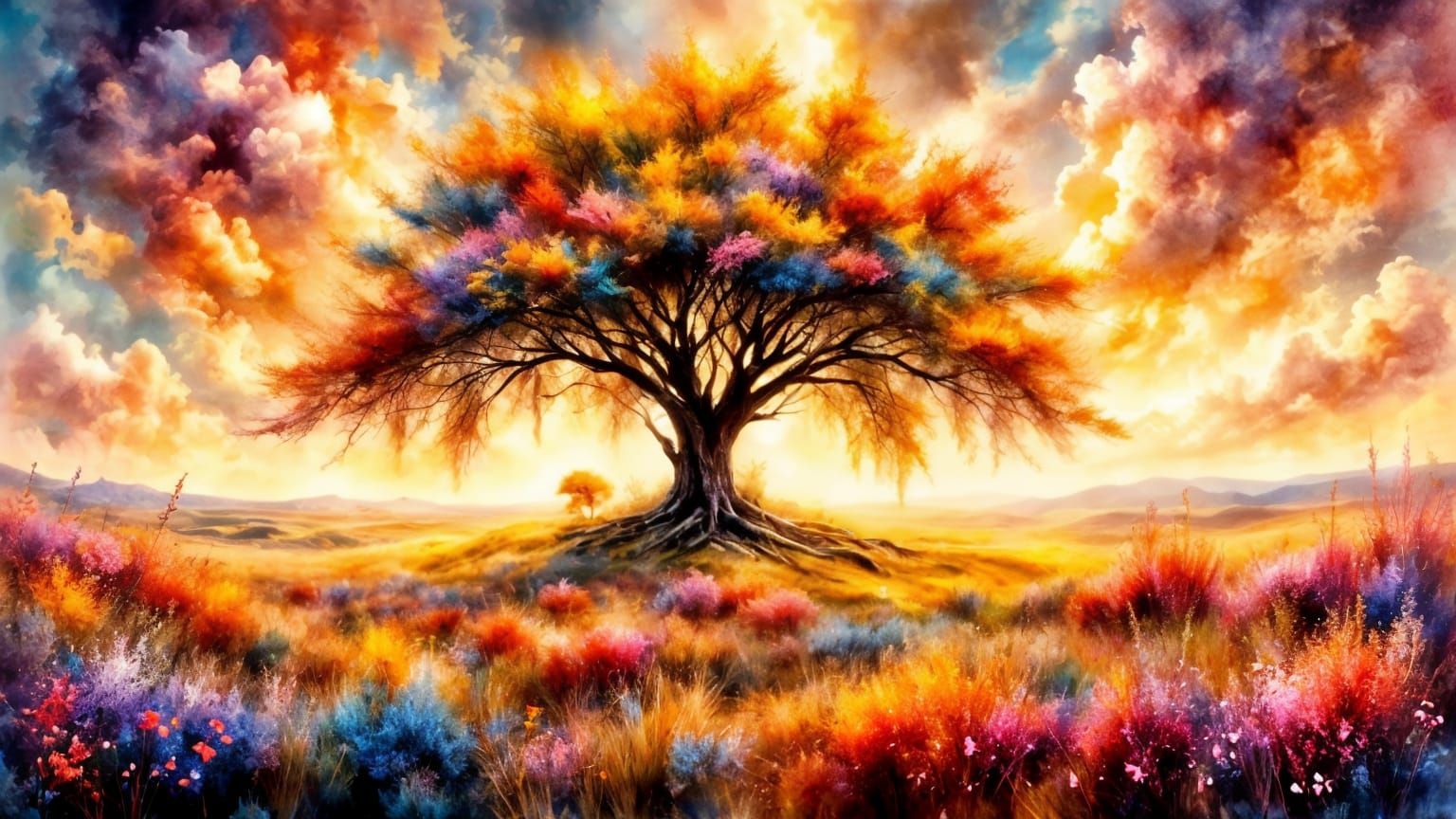 Ancient Oak Tree in Impressionist Watercolor